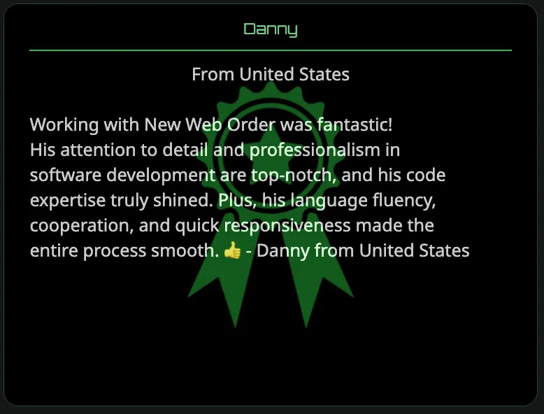 Testimonial from Danny on a green ribbon background.