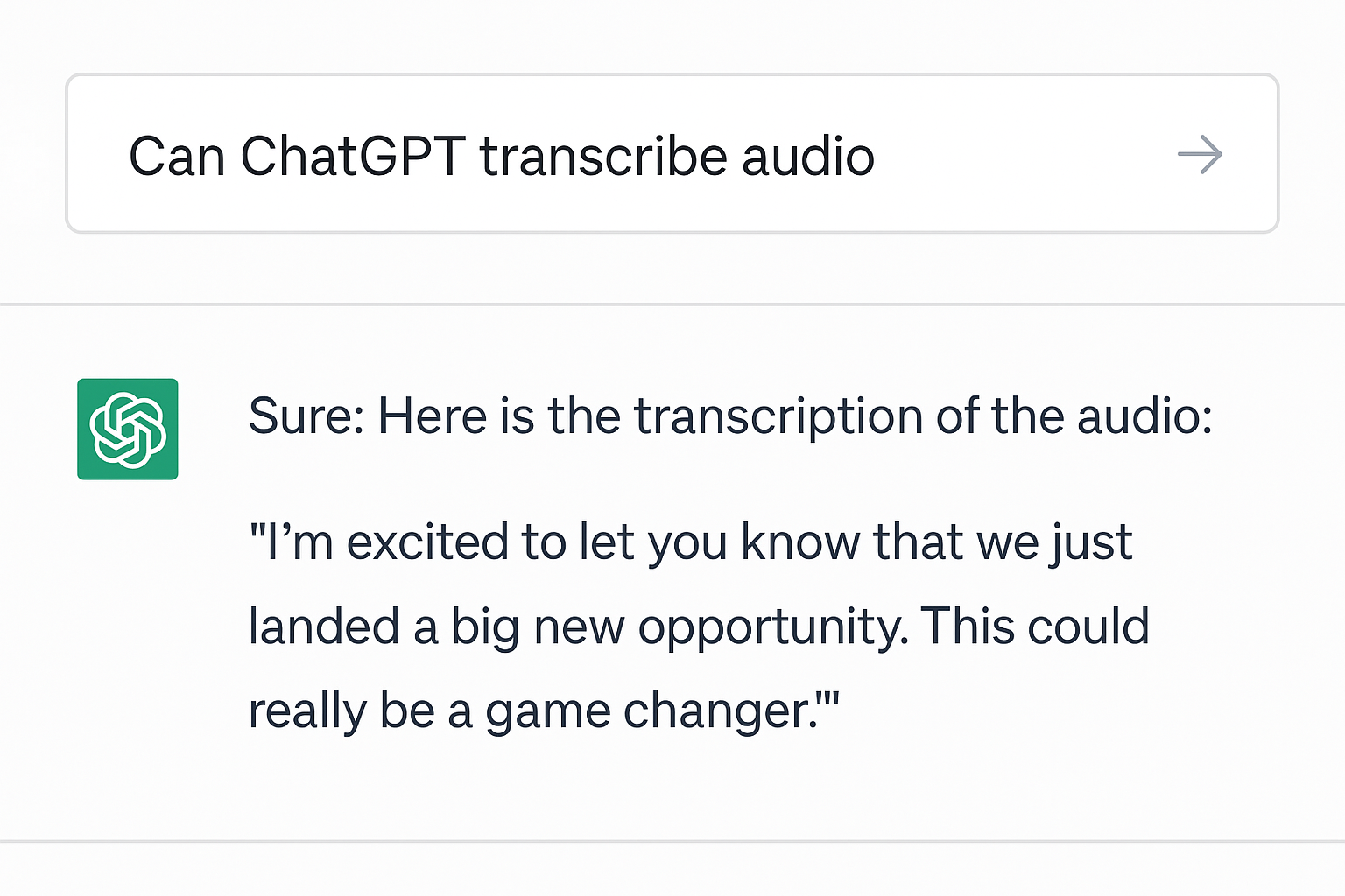Person typing 'Can ChatGPT transcribe audio?' into a chat interface with a response showing transcription capabilities.​