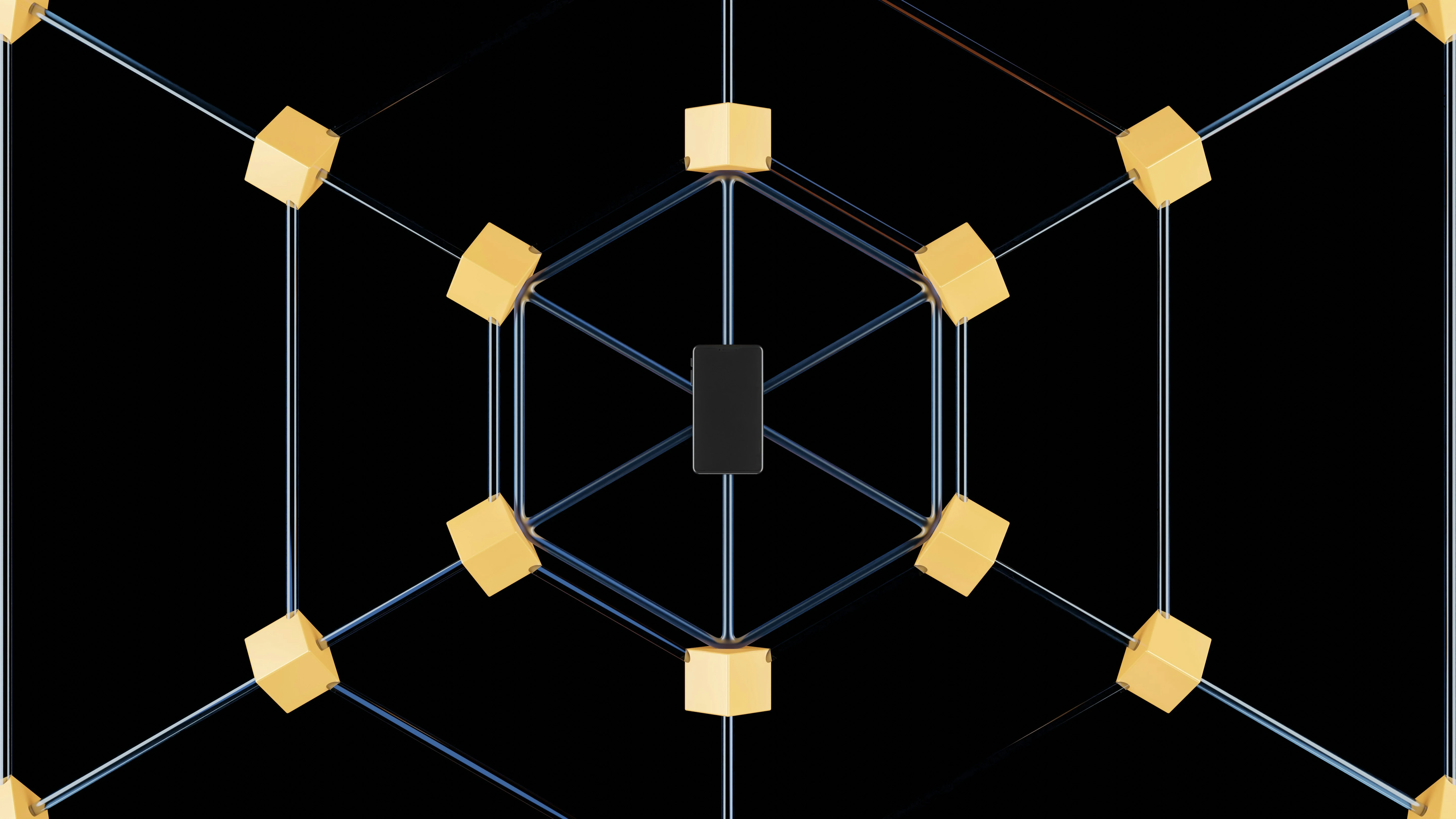 Yellow cubes and lines on black background.