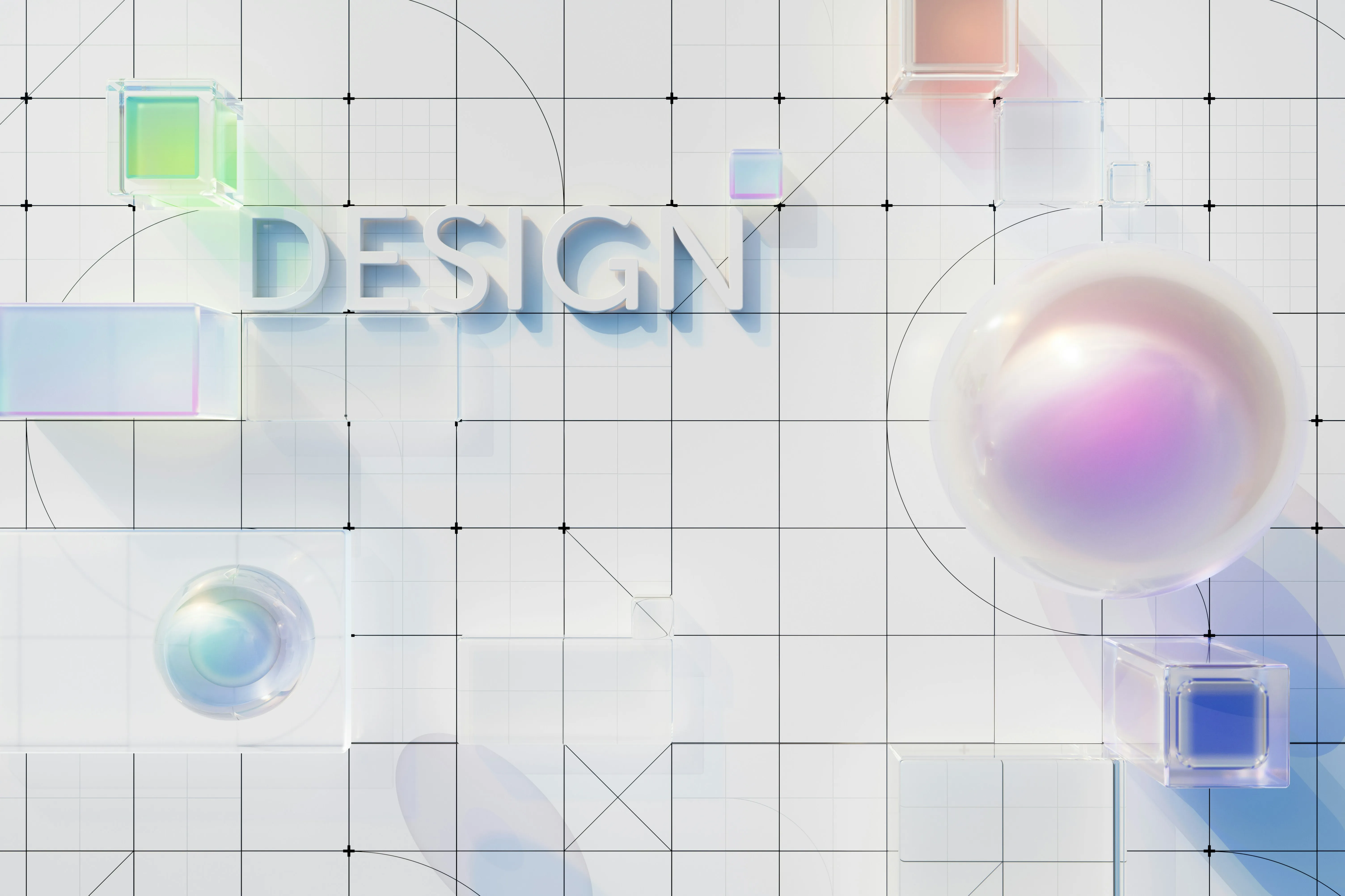 text 'DESIGN' with geometric shapes on a grid background.​