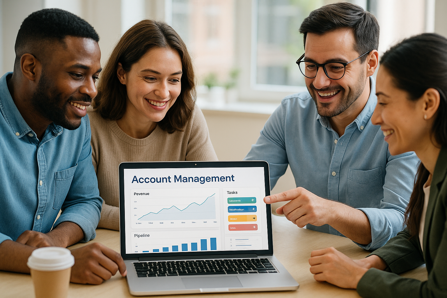 Business team collaborating using account management software on laptop​​