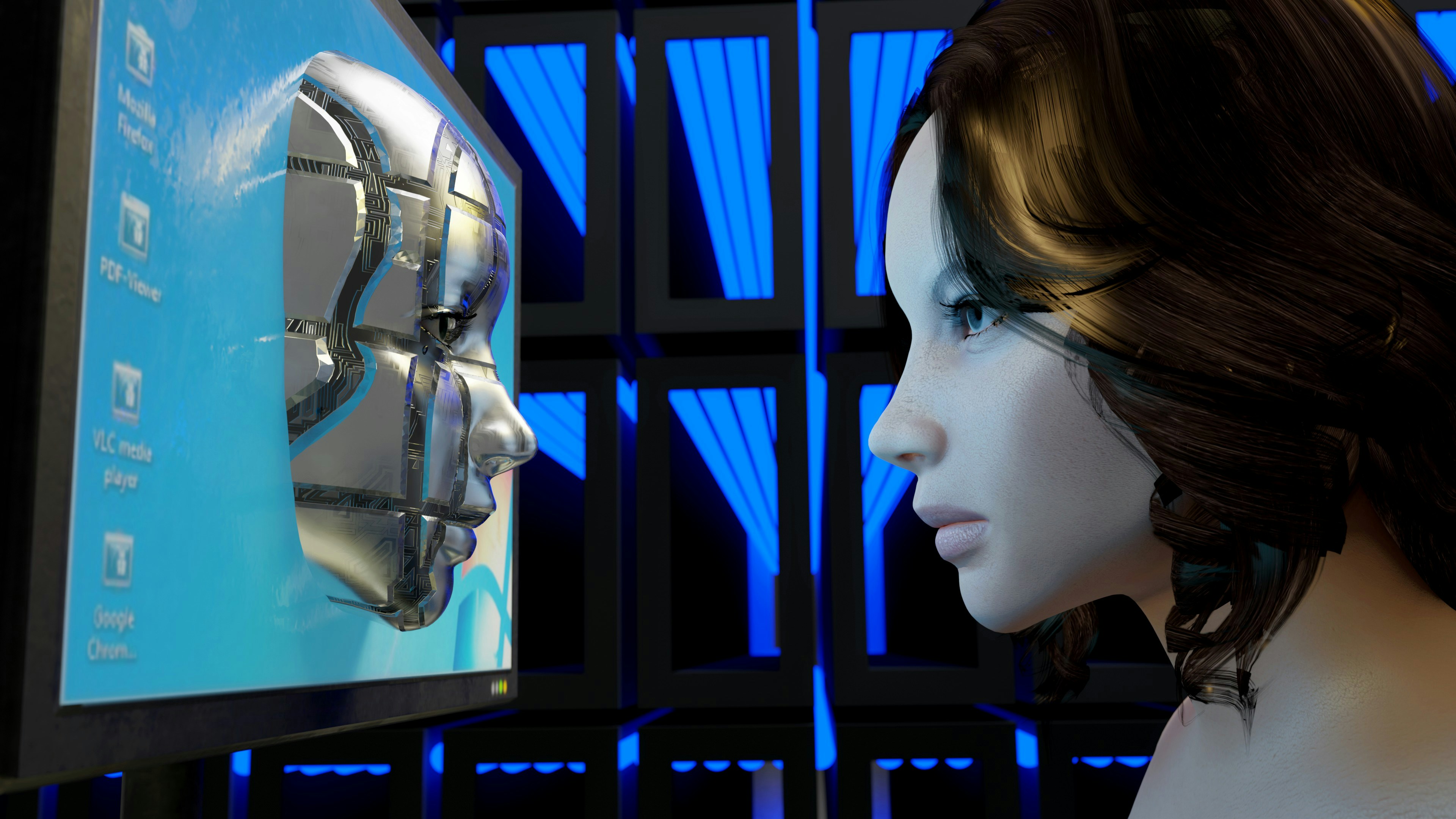 Robotic face and human figure interact, showcasing AI-driven business tools.