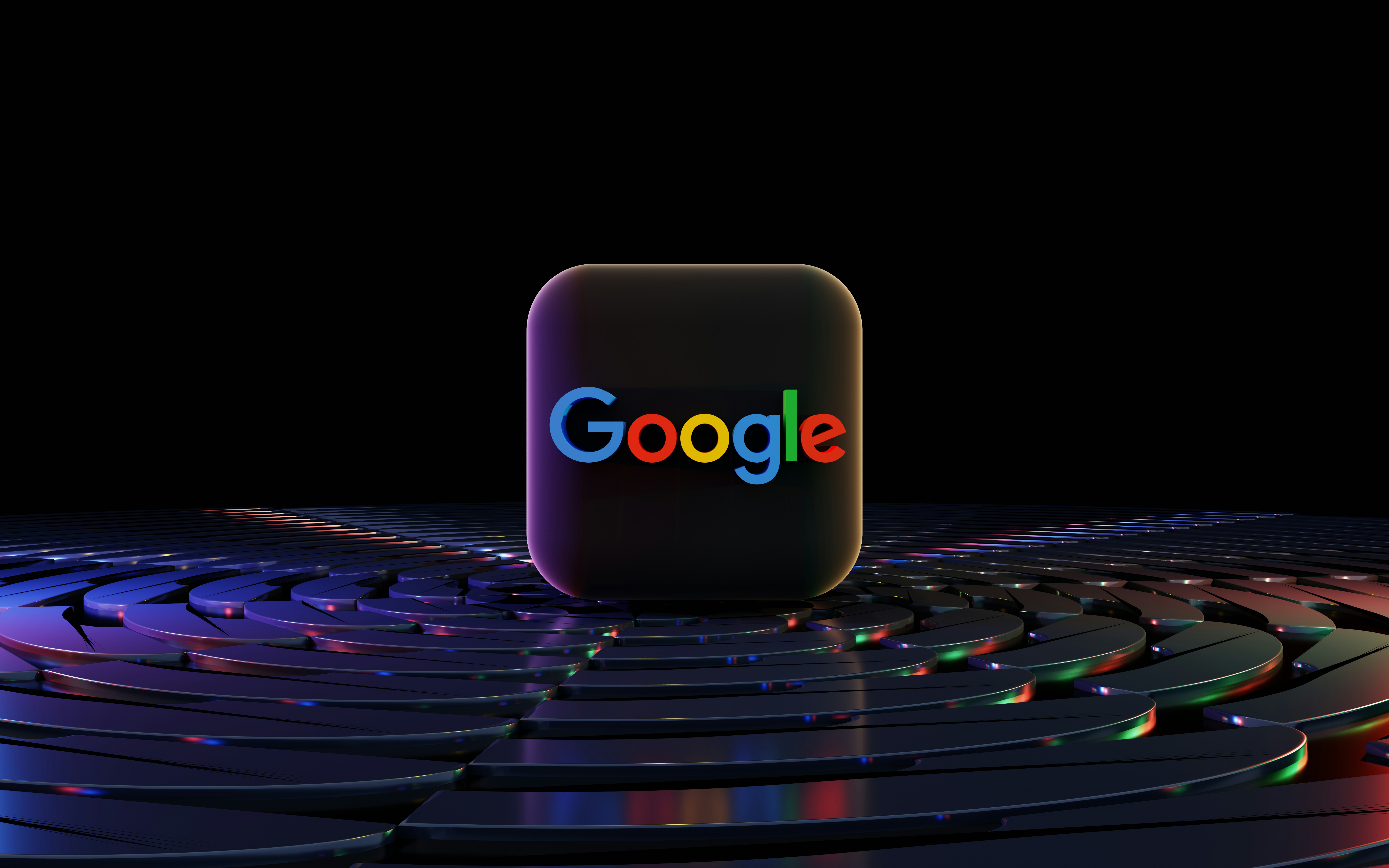 Google logo on glowing design, highlighting AI-powered tech solutions.