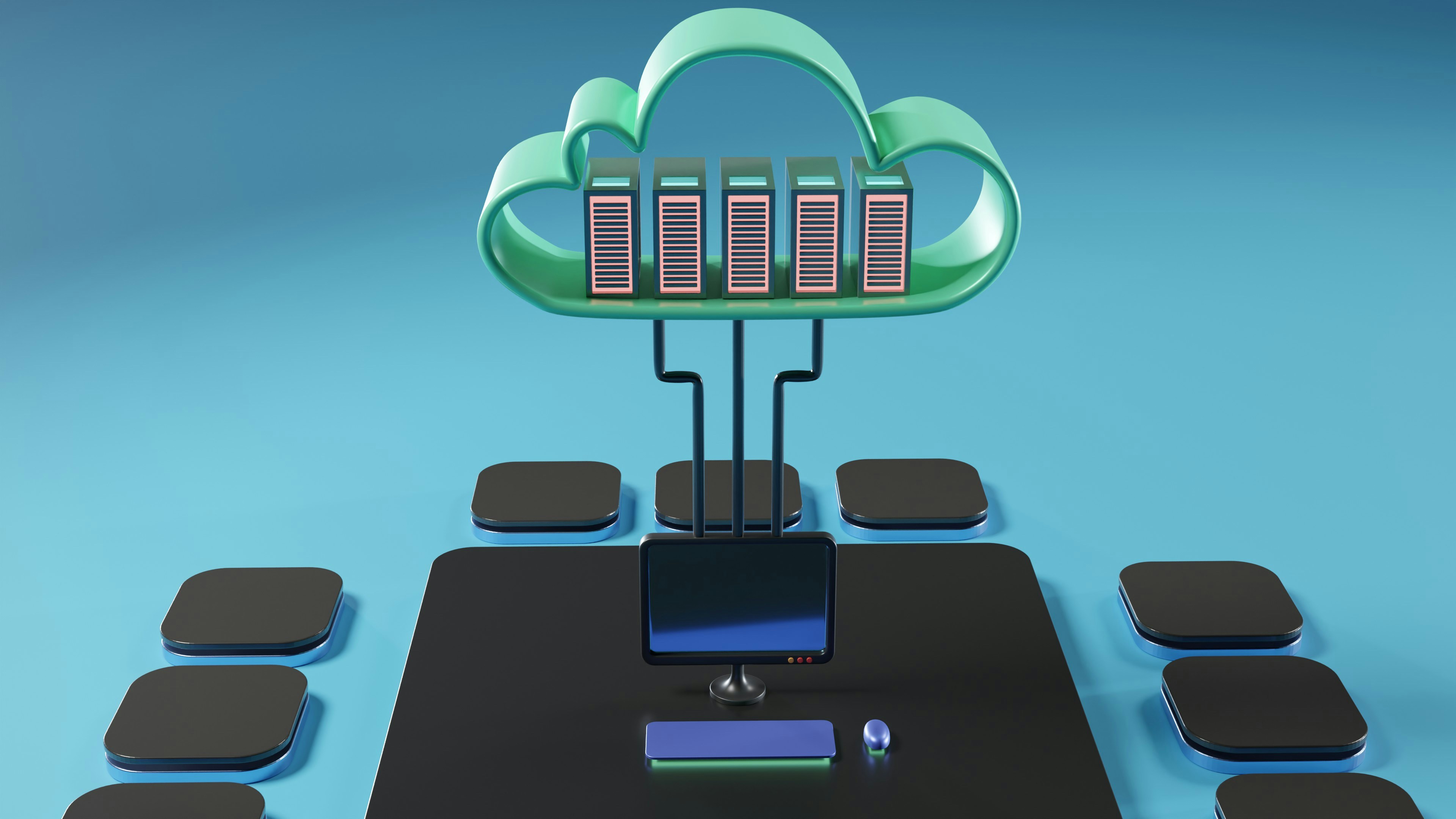 Cloud with servers connected to a monitor and keyboard.