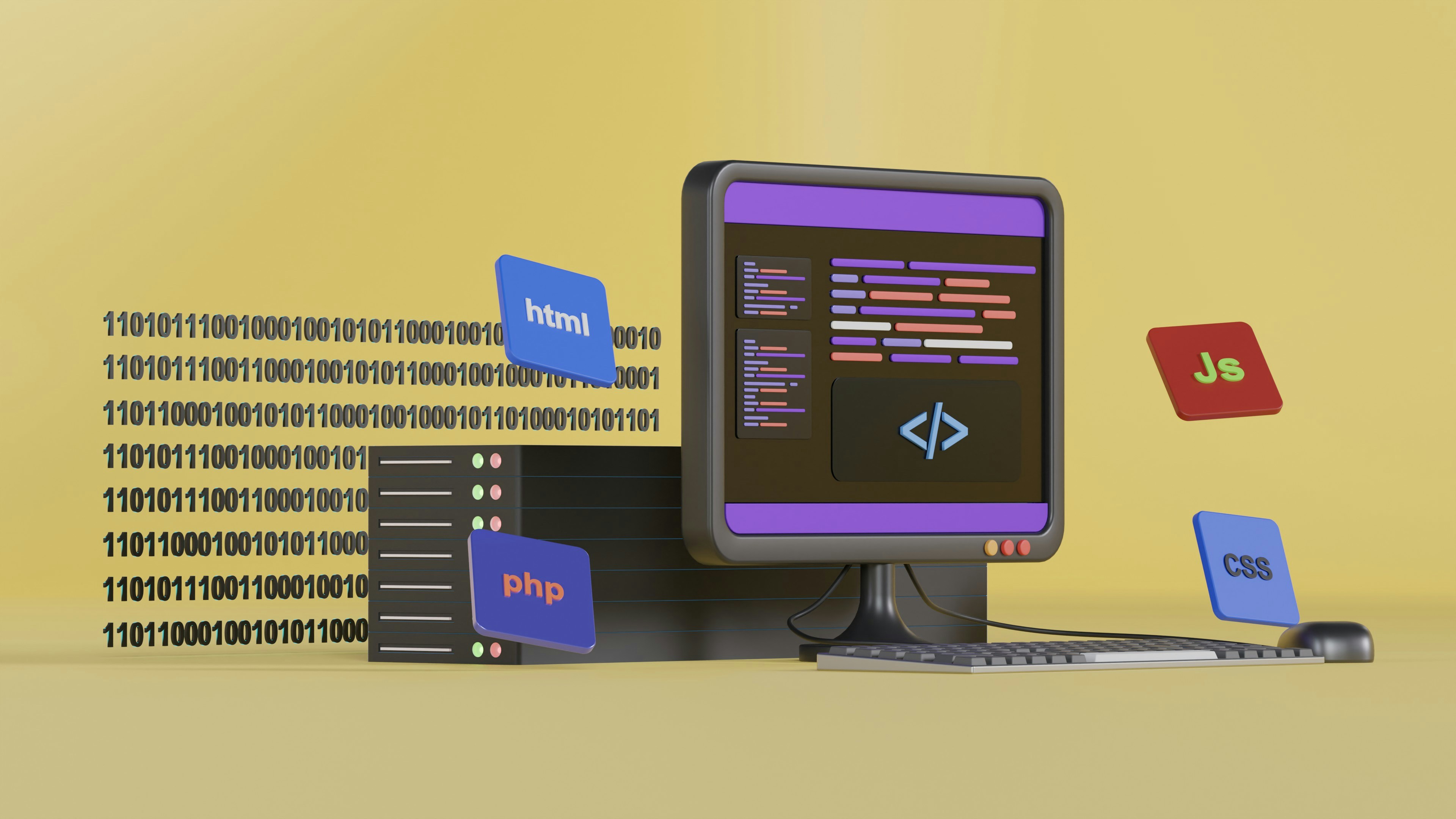 Stylized coding environment with programming languages like HTML, PHP, and CSS