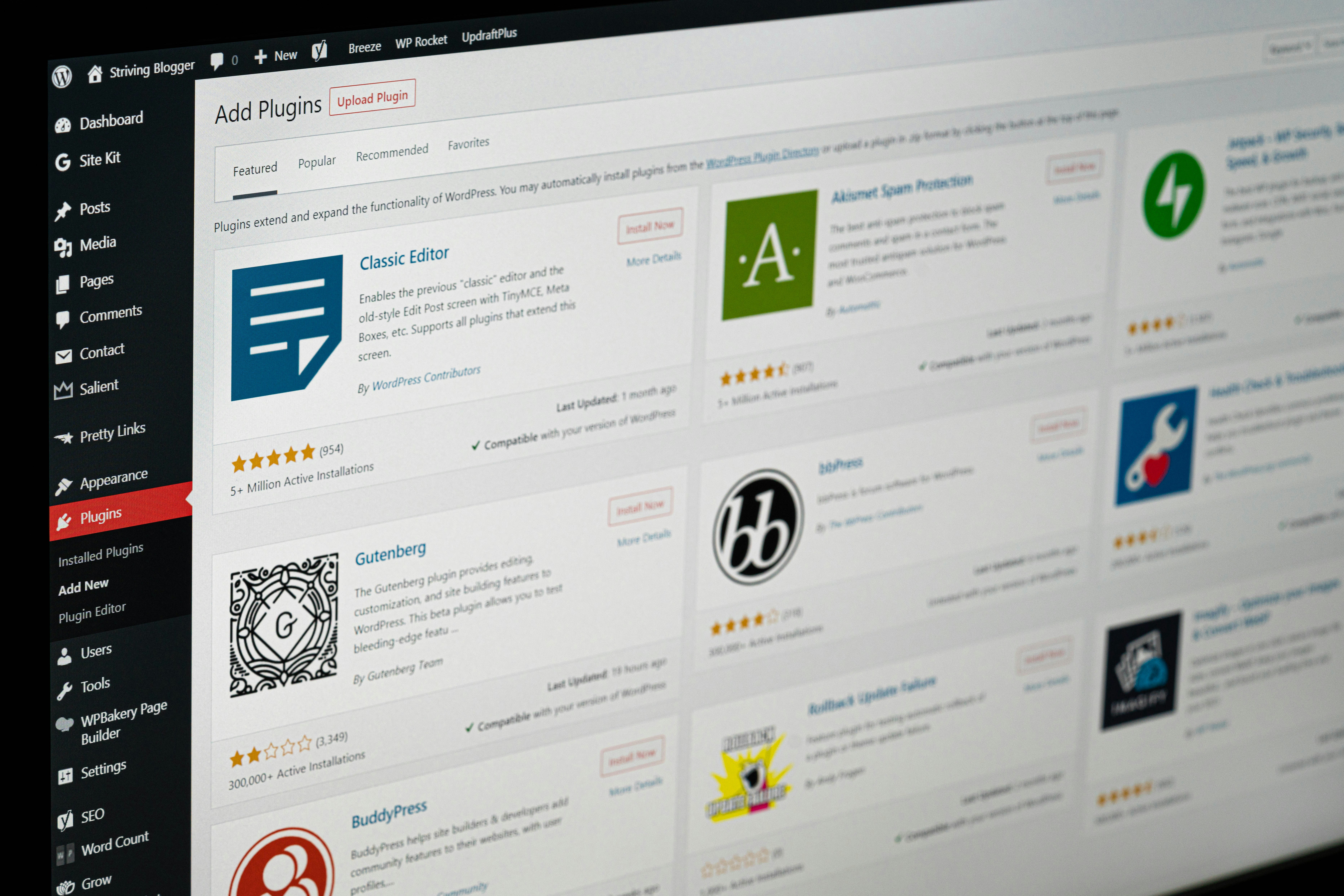 WordPress dashboard displaying plugin options for building a nonprofit website.