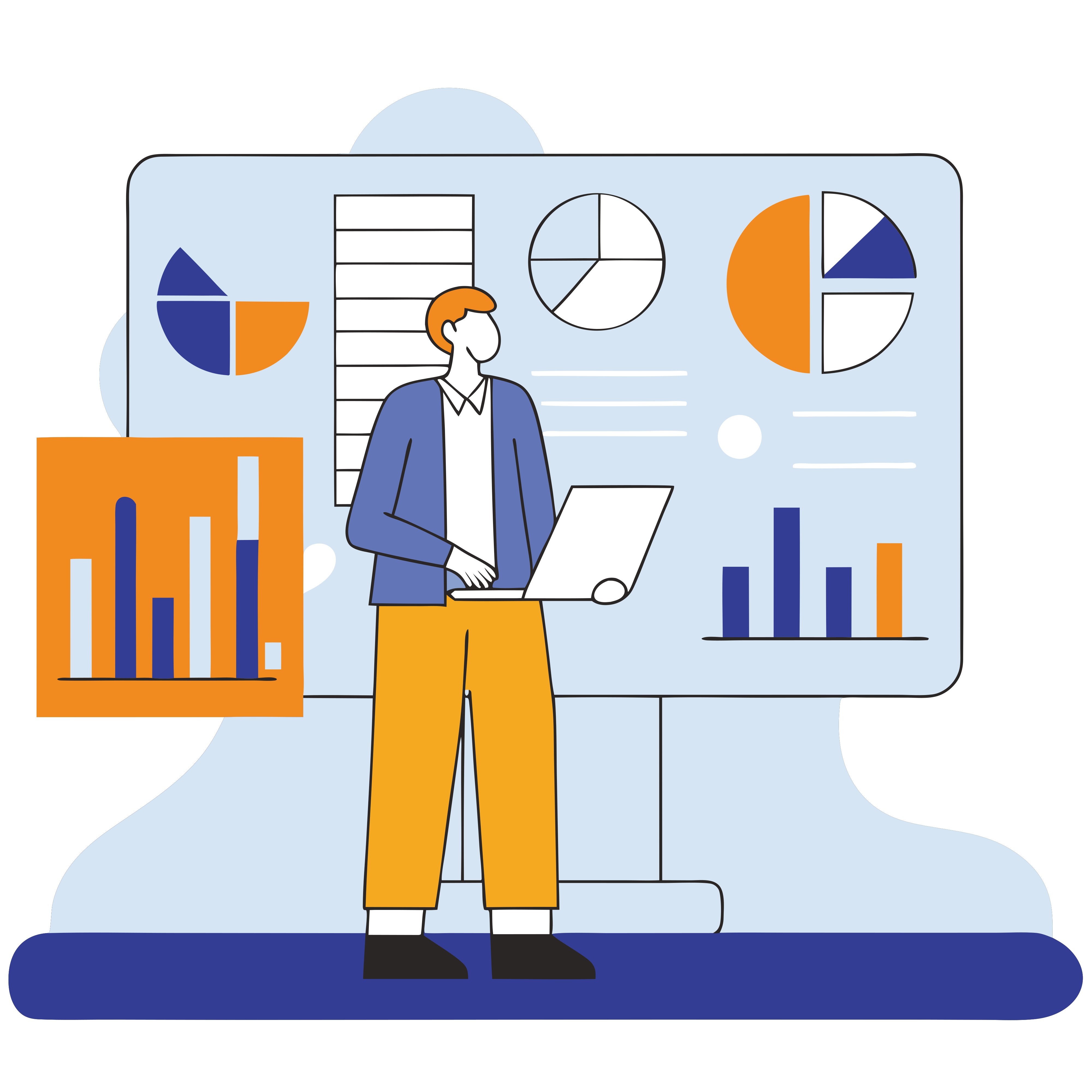 a person analyzes data charts on big screens